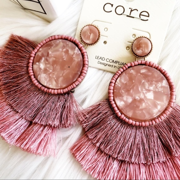 Pink Tassel Earrings Round Acrylic - Picture 3 of 5